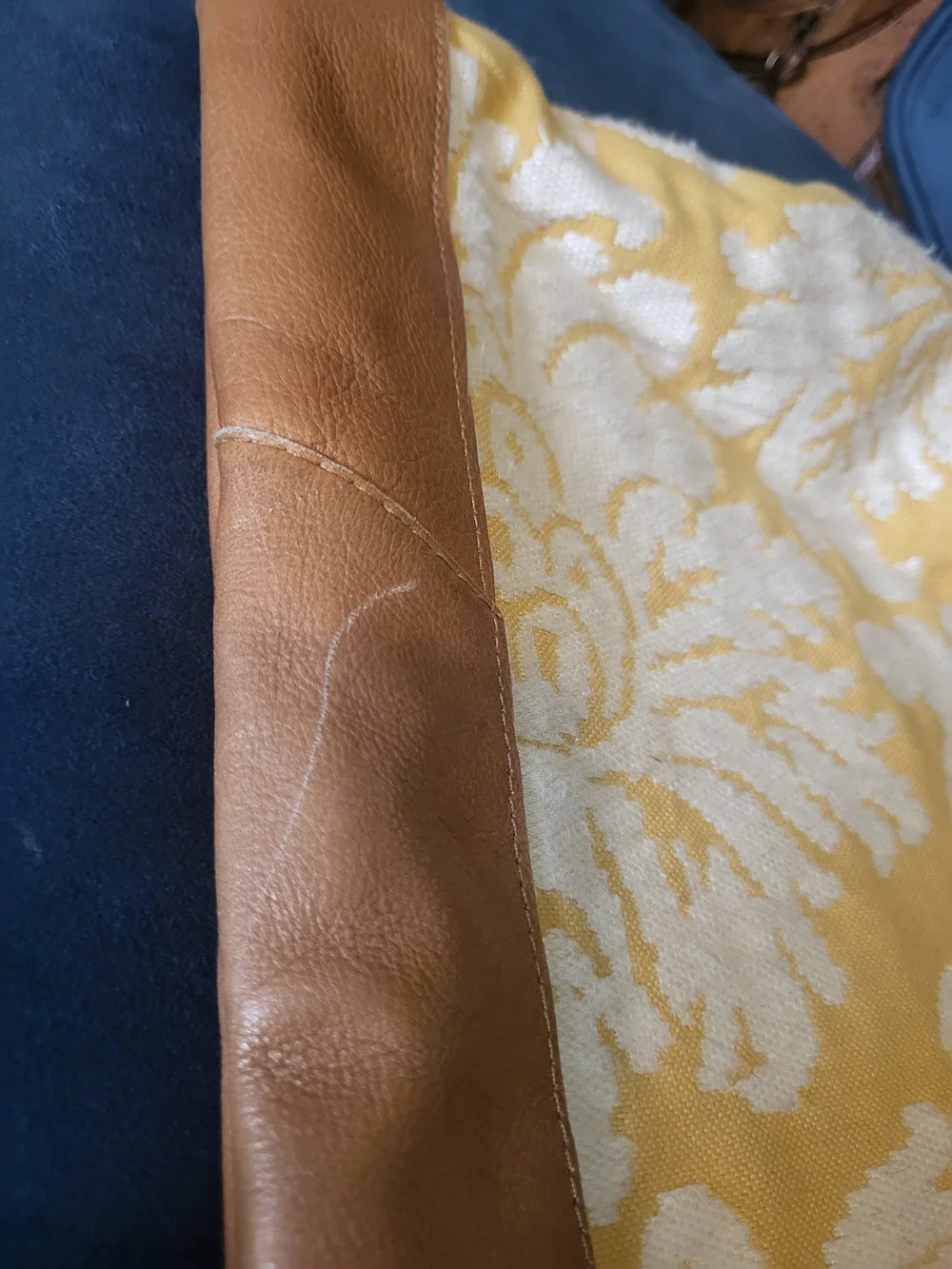 Yellow and Cream Patterned Tote Bag with Brown Trim